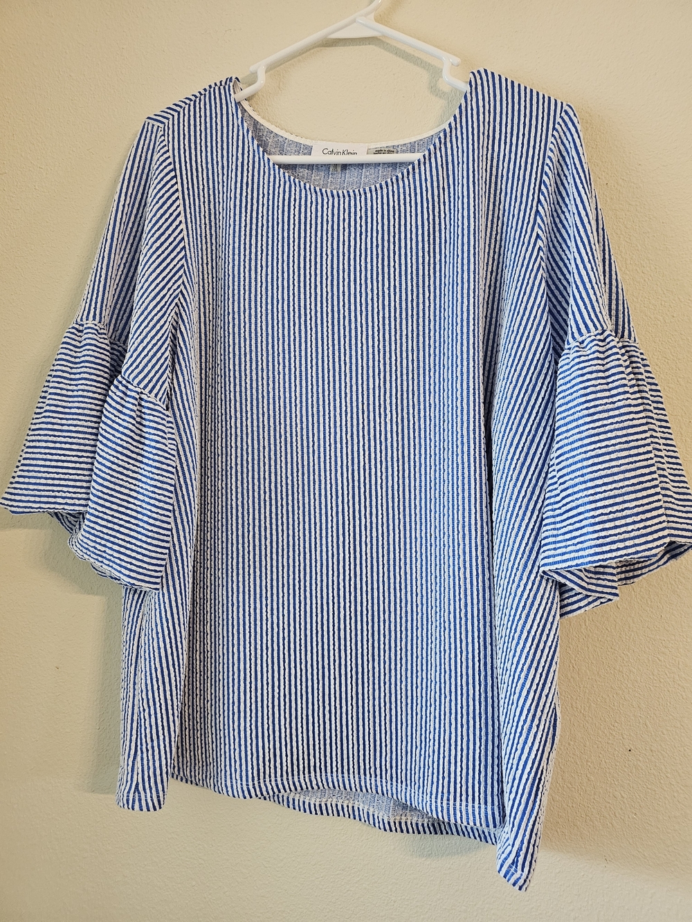 Calvin Klein Blue and White Striped Ruffle Sleeve Blouse